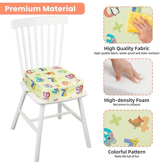Toddler Booster Seat for Dining Table Kitchen Chair, Kids Booster Seat with Non-Slip Bottom and Adjustable Straps, 4" Detachable Washable Portable Travel Increasing Cushion (Animal Alphabet)