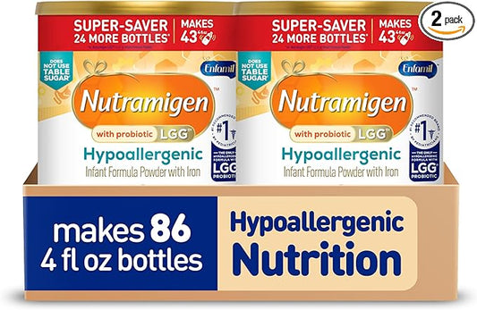 Enfamil Nutramigen Hypoallergenic Baby Formula+ Iron,Lactose Free,Colic Relief from Cow's Milk Allergy Starts in 24 Hours,Brain Building DHA,Probiotic LGG for Immune Support, 27.8 Oz Can (Pack of 2)