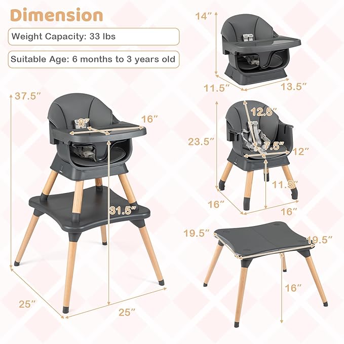 BABY JOY High Chair, 9-in-1 Convertible Highchairs for Babies and Toddlers, Booster Seat | Table & Chair Set | Stool, Adjustable Legs, Removable Tray, Safety Harness & PU Cushion (Dark Gray)