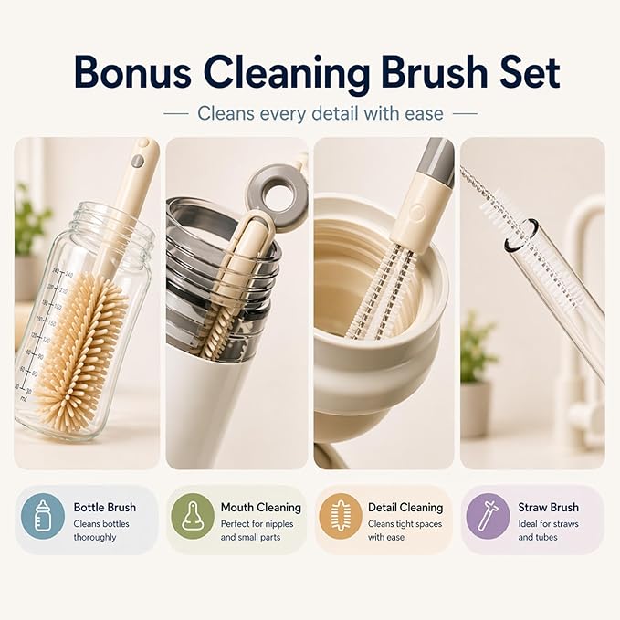 Baby Bottle Organizer and Drying Rack with Silicone Mat & Cleaning Brush - Space Saving Vertical Dryer for Breast Pump Parts, Bottles & Accessories - 12 Hooks, Removable Pacifier Box & Straw Holder
