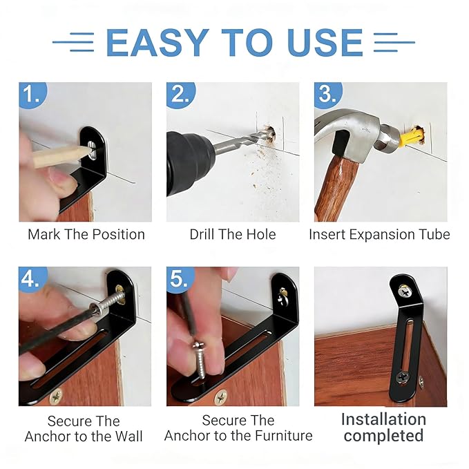 12 Pack Baby Proofing Anti Tip Furniture Anchors Kit - Heavy Duty Steel Wall Anchors for Dresser, Cabinet, Bookcase, Earthquake Safety & Pet Proofing in Nursery, Living Room（Black）
