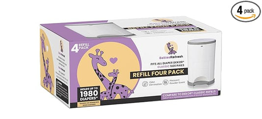 Refills Compatible with DEKOR CLASSIC Diaper Pail Refills | 4 Pack | Diaper Pail Odor Eliminator| Fresh Powder Scent | Each Diaper Bag Refill Holds up to 1980 Diapers | Diaper bin refill
