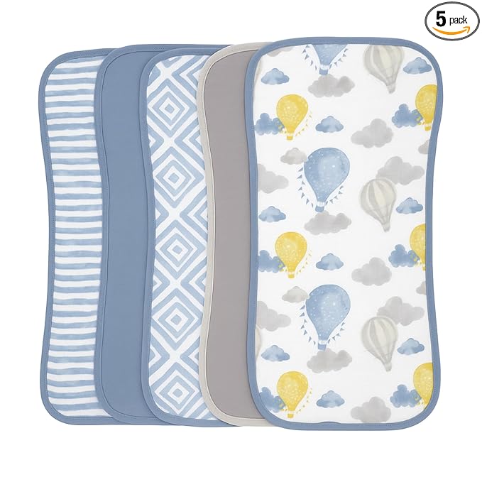 Featherhead™ 5-Pack Muslin Burp Cloths for Baby Boy Large 22" X 11" - Ultra Soft & Extra Absorbent Cotton Terry Backing (Blue Balloons)