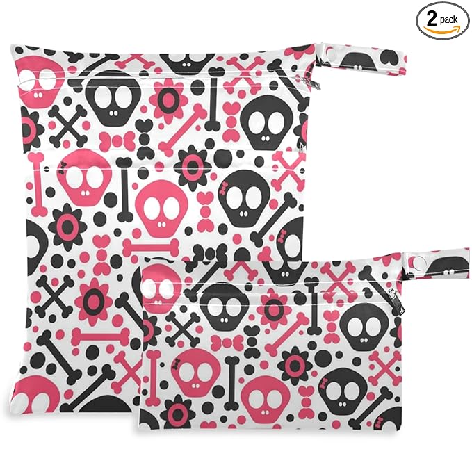 visesunny Pink Skull Black 2Pcs Wet Bag with Zippered Pockets Washable Reusable Roomy for Travel,Beach,Pool,Daycare,Stroller,Diapers,Dirty Gym Clothes, Wet Swimsuits, Toiletries