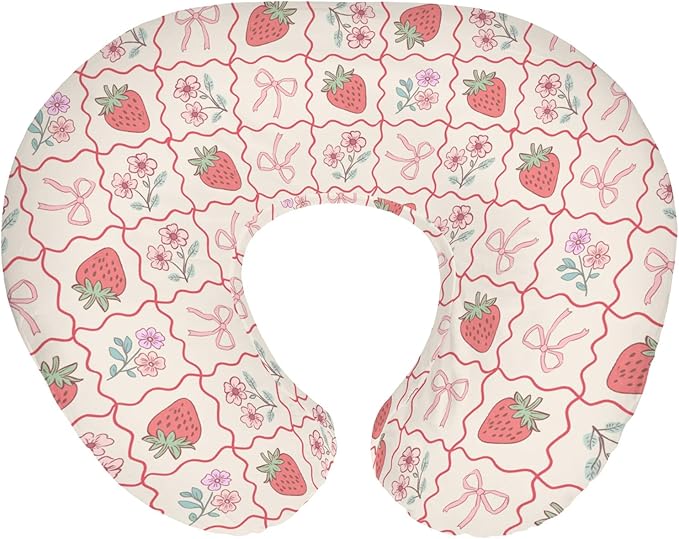 Boho Strawberry Flowers Baby Nursing Pillow Covers for Girl Strawberries Pink Bows Checkerboard Nursing Slipcovers for Breastfeeding Pillows Summer Fruit Soft Stretchy Cover for Newborn Infant