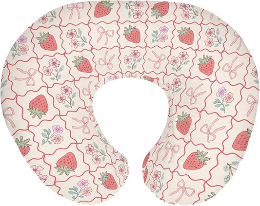 Boho Strawberry Flowers Baby Nursing Pillow Covers for Girl Strawberries Pink Bows Checkerboard Nursing Slipcovers for Breastfeeding Pillows Summer Fruit Soft Stretchy Cover for Newborn Infant