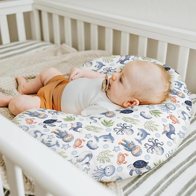 Sea Animal Baby Nursing Pillow Cover for Boy Girl Diver Turtle Jellyfish Whale Sea Weeds Starfish Nursing Slipcover for Breastfeeding Pillows Cute Ocean Animals Soft Stretchy Cover for Newborn Infant