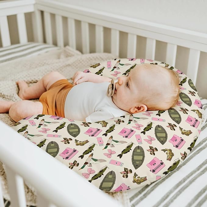 Pink Fishing Hunting Girly Baby Nursing Pillow Covers for Girl Boats Bass Fish Duck Bows Nursing Slipcovers for Breastfeeding Pillows Summer Lake Country Fishing Soft Stretchy Slipcovers for Newborn
