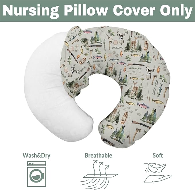 Fishing Hunting Baby Nursing Pillow Covers for Boy Girl Bass Fish Deer Paws Green Trees Nursery Pillowcase for Breastfeeding Pillows Nature Hunting Animals Soft Stretchy Slipcover for Newborn Infant