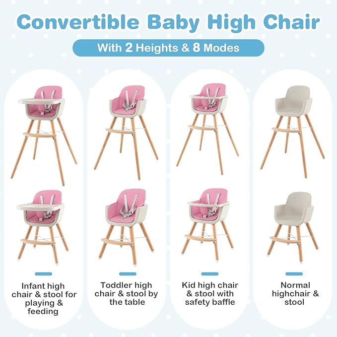 HONEY JOY Baby High Chair, 6-in-1 Eat & Grow Wooden Highchair/Toddler Chair with Removable Tray, 5-Point Harness, PU Cushion and Footrest, Convertible High Chair for Babies and Toddlers(Pink)