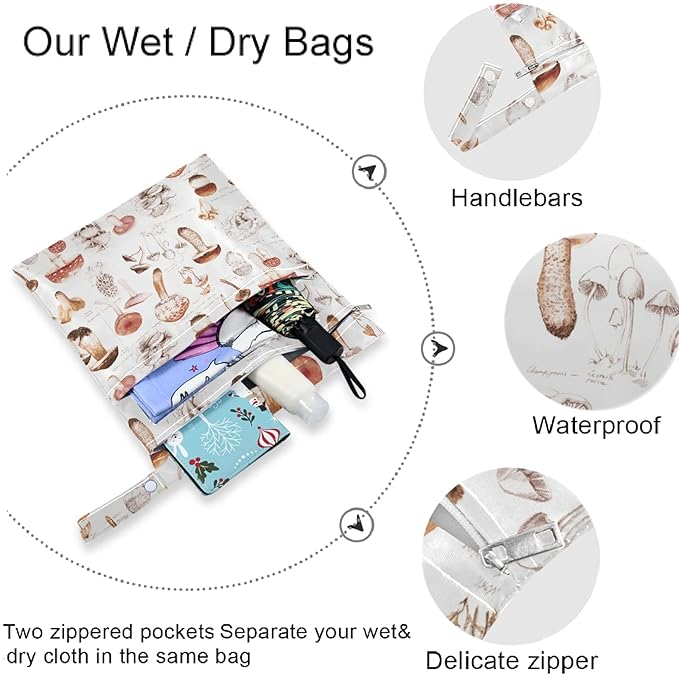 visesunny Hand Drawn Mushroom 2Pcs Wet Bag with Zippered Pockets Washable Reusable Roomy for Travel,Beach,Pool,Daycare,Stroller,Diapers,Dirty Gym Clothes, Wet Swimsuits, Toiletries