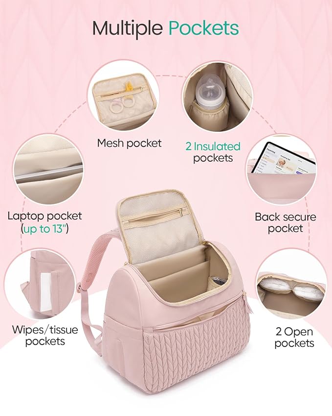 Qualyphant Breast Pump Bag for Spectra S1/S2 & Medela – Insulated Cooler Bag, 13" Laptop Sleeve, Diaper Bags Backpack – Lightweight, Water-resistant & Stylish for Work, Travel, Pink