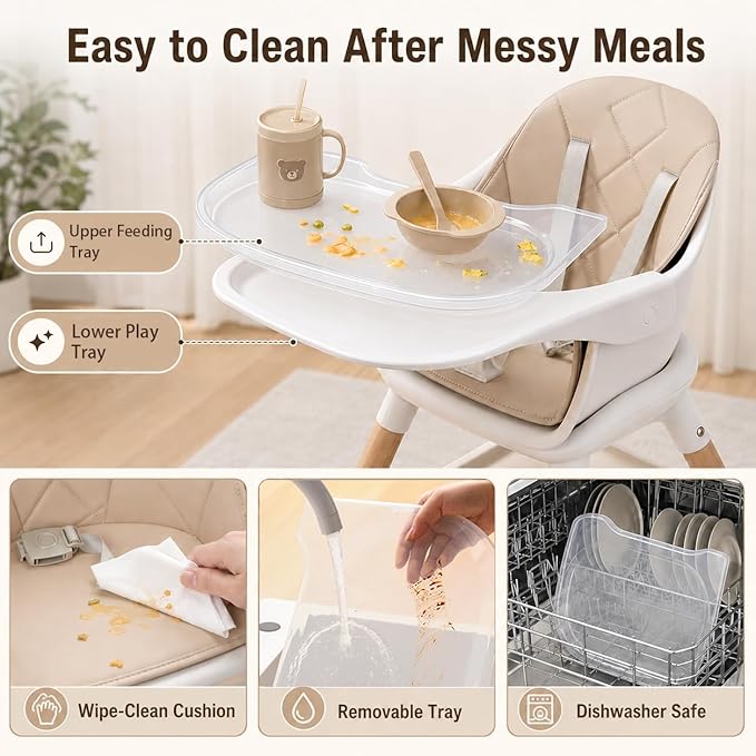 Baby High Chair, 6 in 1 Convertible High Chairs for Babies and Toddlers, Easy Clean Highchair with Removable Double Tray, 5-Point Harness, Reversible Footrest, Beech Wood Legs, Champagne