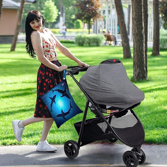 Qilmy 2pcs Sea Shark Wet Dry Bag Waterproof Reusable Baby Cloth Diaper Organizer for Travel, Beach, Stroller, Diapers, Swimsuits, Toiletries