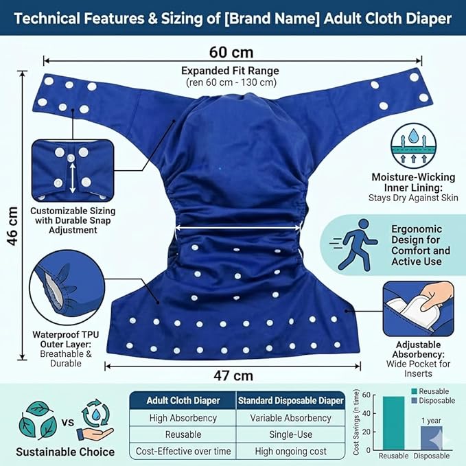Kawaii Adult Reusable Cloth Diaper - Large Waterproof Incontinence Underwear with Super Absorbent Insert - Leak Proof Protection for Teen/Adult, Gray