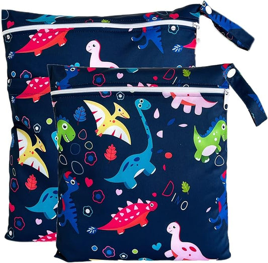 Wet Dry Bag for Cloth Diapers, 2PCS Waterproof Reusable Wet Bag with Zippered Pockets, Washable, Reusable for Travel, Beach, Pool, Stroller, Diapers, Dirty Gym Clothes, Swimsuits, 14x12In & 12x11In