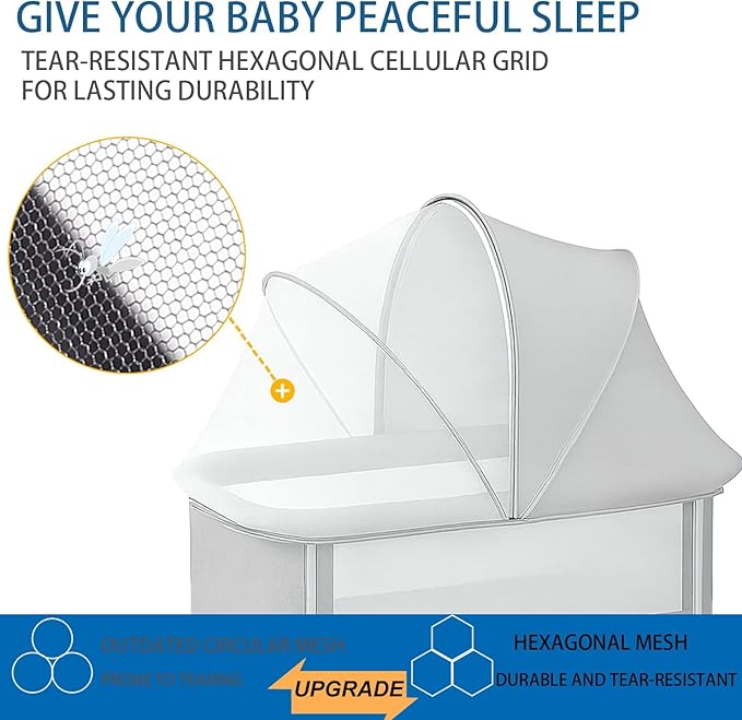 Portable Bassinet Cover for Cats & 2-Way Zipper, Half-Blackout Mosquito Net with Sunshade, Breathable Bassinet Net Cover, Mosquito Net for Baby Crib to Keep Cats Out （Grey）