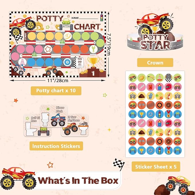WERNNSAI Potty Training Chart - Monster Truck Toilet Training Reward Chart with 270 Potty Training Stickers Crown Sticker Chart for Girls Toddler Kids Potty Training for Ideal Gift Birthday