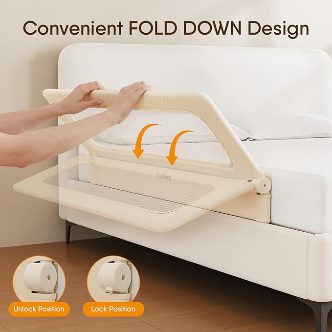 Folding Bed Rail for Toddlers, Baby Bed Rail Guard with Reinforced Anchor Safety System, Toddler Bed Rails for King Size Beds, Twin, Full, Queen (Khaki, 59" L x 21.6" H)