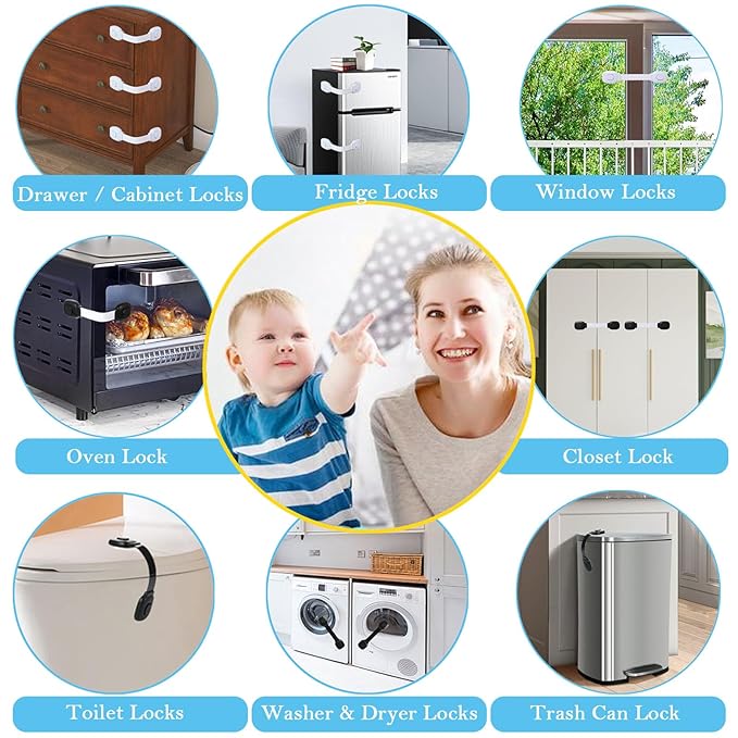 Fursafe&Q Baby Cabinet Locks, Child Safety Cabinet Proofing -Child Safety Strap Locks Adhesive Drawer Fridge Ovens Door Toilet Latches No Drill Multi-Purpose for Furniture Kitchen Lock (WB, 6Pack)