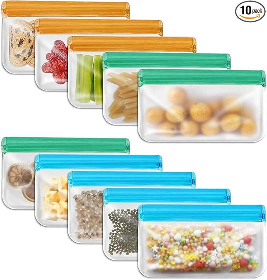 10 Pack Reusable Snack Bags, Extra Thick Leakproof Resealable Food Storage Bags, Freezer Safe for Marinating, Meal Prep, Snacks – Planet Friendly, BPA Free