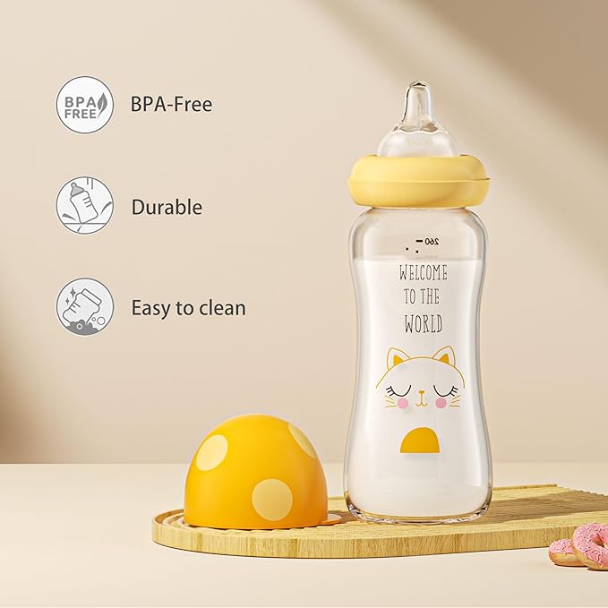 YOHKOH Natural Glass Baby Bottle with Level 2 Medium Flow Nipple, Newborn Anti-Colic Baby Bottles, Wide Neck Mushroom Baby Glass Bottle (8.8ounce (Pack of 2), Yellow1)