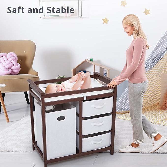 Garvee Wooden Baby Changing Table, Modern Diaper Changing Table, Infant Diaper Station Dresser with Laundry Hamper, 3 Drawer Basket- Storage Organizer for Baby Clothes, Diapers & Toys