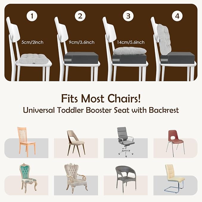 Booster Seat for Kitchen Chair Dining Table with Comfy Backrest Pillow and Adjustable Safety Buckles,Non-Slip Kid Toddler Booster Seat for Dining Table, PU Travel Baby Booster Cushion Chair
