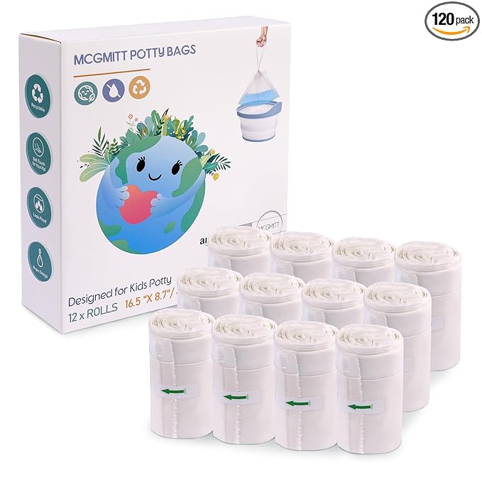 MCGMITT Potty Bags for Portable Toilet, 120 PCS Leak-Proof Potty Liners with Drawstring, Disposable Soft Toilet Bags Fit Most Potty Chair, Potty Training Liners for Toddler Kids Travel Pets Outdoors