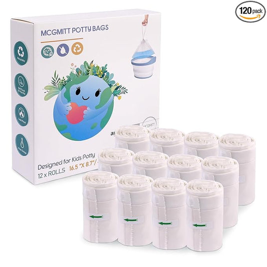MCGMITT Potty Bags for Portable Toilet, 120 PCS Leak-Proof Potty Liners with Drawstring, Disposable Soft Toilet Bags Fit Most Potty Chair, Potty Training Liners for Toddler Kids Travel Pets Outdoors