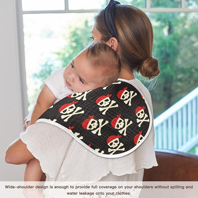 Muslin Burp Cloths for Baby Boys and Girls - 2-Pack Ultra Absorbent Pirate Skull Muslin Washcloths, Newborn Towel, Milk Spit Up Rags, Burp Cloth Bibs for Unisex, 22 x 11 Inch