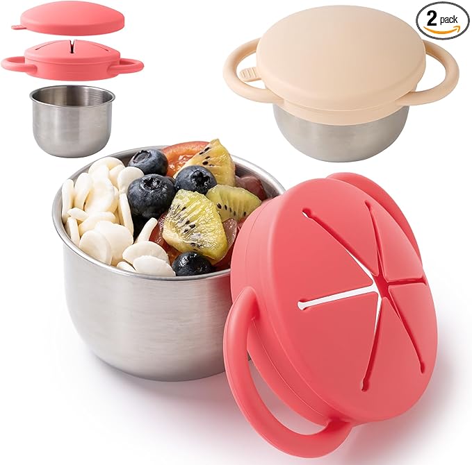 Bufilea Snack Containers for Toddlers, Stainless Steel Toddler Snack Cups with Silicone Food Catcher & Lids,Snack Cups for toddlers Spill Proof (RosePink Creamy, Pack of 2)