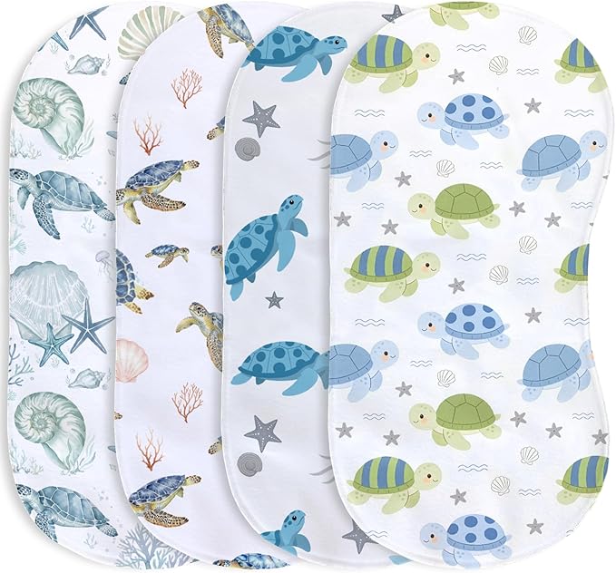 4 Pack Baby Burp Cloths for Boys Girls, Soft Cotton, Ocean Sea Turtle Theme Design, Super Absorbent Baby Burping Cloths for Newborns, Machine Washable and Reusable Baby Spit-Up Cloths