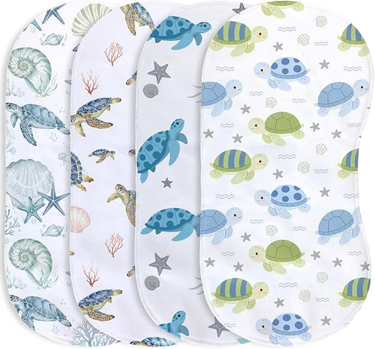 4 Pack Baby Burp Cloths for Boys Girls, Soft Cotton, Ocean Sea Turtle Theme Design, Super Absorbent Baby Burping Cloths for Newborns, Machine Washable and Reusable Baby Spit-Up Cloths