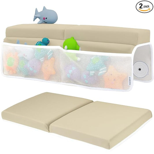 Comfortable Baby Bath Kneeler and Elbow Rest Pad Set – Thick Memory Foam Bath Kneeling Pad with Elbow Support – Baby Bathtub Cushion with Toy Organizer for Bathing Infant or Toddler - Beige