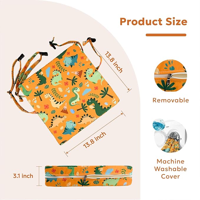 Toddler Booster Seat for Dining Table & Kitchen Chairs - Premium Foam with Non-Slip Bottom & Double Adjustable Straps, Safety Certified, Portable Travel &Easy to Clean (Orange-Dinosaur)