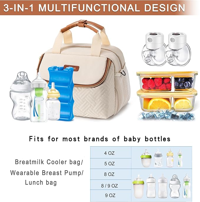Breastmilk Cooler Bag with Ice Pack Fits 6 Baby Bottles up to 9 Ounce, Wearable Breast Pumps Cooler Bag for Nursing Mom Daycare, Work, Travel- Cream