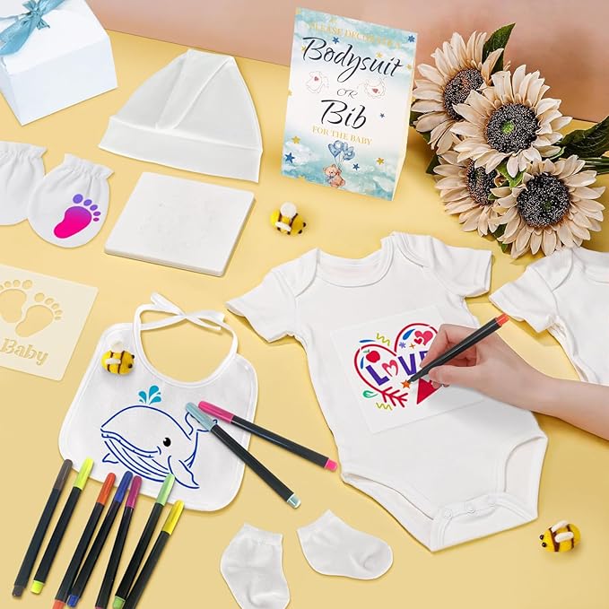 78PCS Baby Bib Bodysuit Baby Shower Set Baby Shower Game Sign Baby Feede Bib Newborn Bodysuit Fabric Marker
