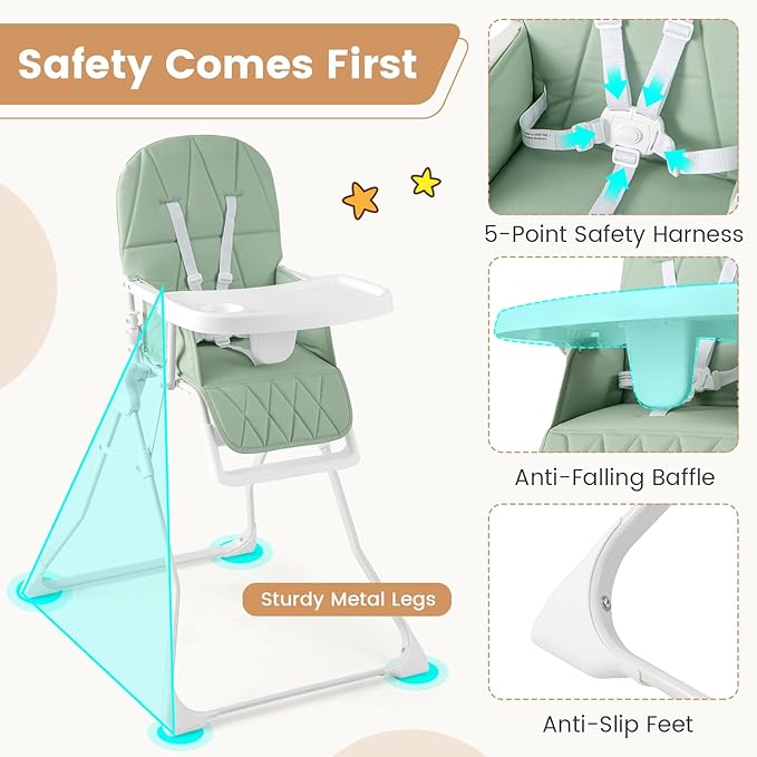 HONEY JOY High Chair, Foldable Baby Feeding Chair, Adjustable Tray & Footrest, Removable Easy-to-Clean PU Seat Cushion, 5-Point Harness, Cup Holder, Highchairs for Babies and Toddlers (Green)