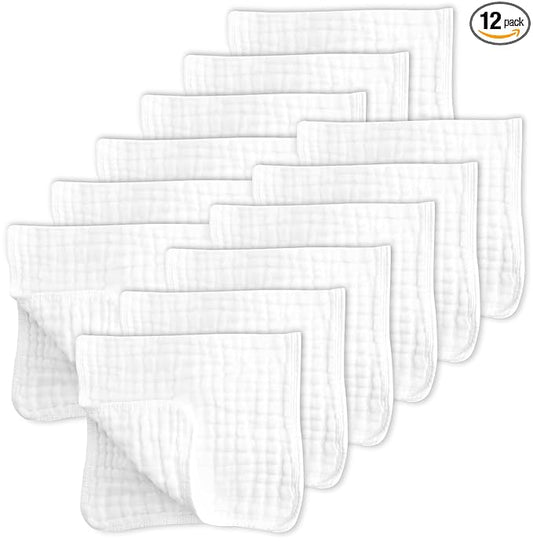 SWEET DOLPHIN 12 Pack Muslin Burp Cloths Large 100% Cotton Hand Washcloths for Baby - Baby Essentials Extra Absorbent and Soft Boys & Girls Milk Spit Up Rags for Newborn Registry - White, 20" X10"