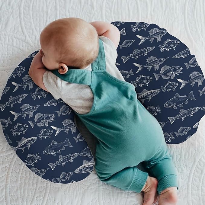 Navy Freshwater Fish Nursing Pillow Covers for Boy Girl Bass Carp Trout Salmon Lake Nursing Pillow Slipcovers for Breastfeeding Pillows Fishing Lover Gift Soft Stretchy Cover for Newborn Infant