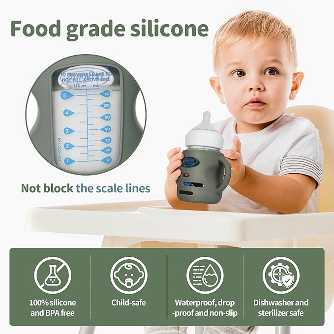 3 Pack Silicone Sleeves for Dr Brown Wide-Neck Glass Baby Bottles, Food GradeAnti Breakage Baby Bottle Holder with Handles and 3pcs Travel Bottle Caps, 5oz