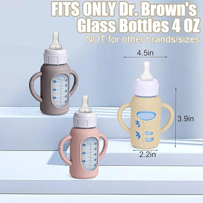 3 Pack Silicone Sleeves for Dr. Brown's Glass Bottles 4 OZ - Anti Breakage Baby Bottle Holder, Compatible with Dr. Brown's Glass Bottles for Babies with Handle(Not Compatible with Other Products)