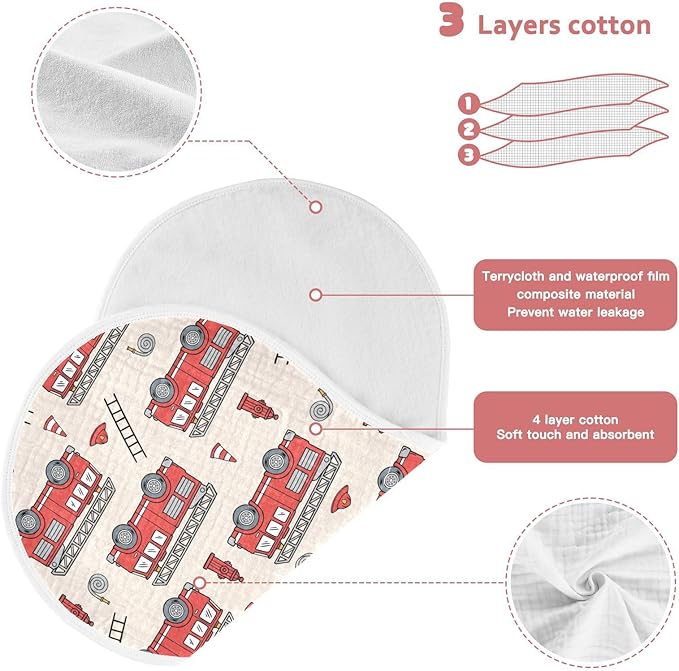 Muslin Burp Cloths for Baby Boys and Girls - 4-Pack Ultra Absorbent Fire Truck Muslin Washcloths, Newborn Towel, Milk Spit Up Rags, Burp Cloth Bib for Unisex, 22 x 11 Inch