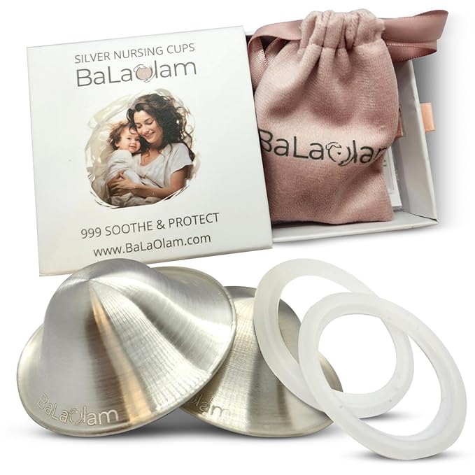 999 Pure Silver Nursing Cups for Breastfeeding – Lactation Consultant Recommended – Natural Soothing Relief for Sore or Cracked Nipples – Includes 2 Silicone Rings and Travel Case