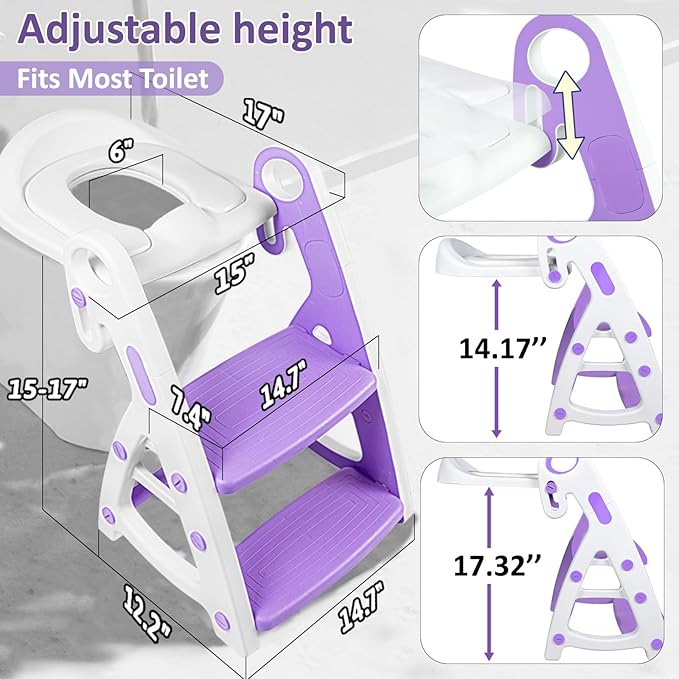 Potty Training Seat, Primlect Upgrade Ultra-Stable Toddler Toilet Seat for Kids Boys Girls, 2 in 1 Potty Training Toilet with Step Stool, Adjustable Seat and Ladder, Non-Slip Pad, Splash Guard(Purple
