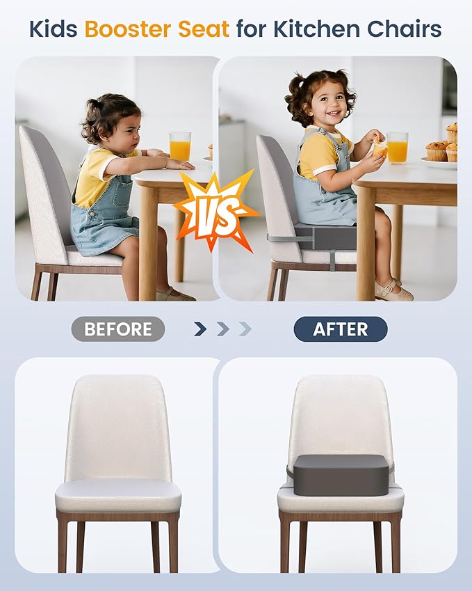 Booster Seat for Kitchen Chair – Toddler Booster Seats for Dining Table with 2 Secure Buckle Straps, PU Leather Booster Cushion Foam Chair for Baby Kids, Portable & Easy to Clean (Dark Grey)