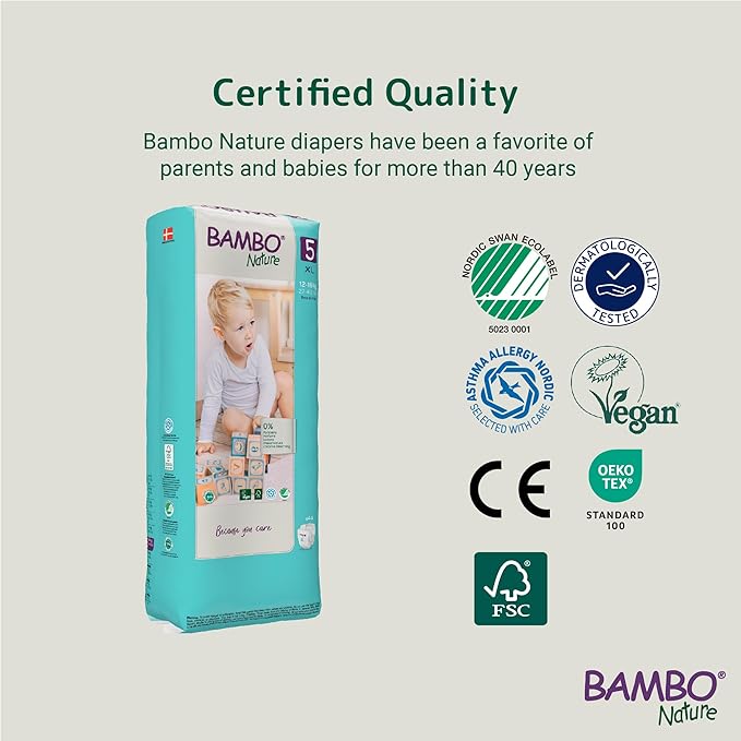 Bambo Nature Hypoallergenic Baby Diapers, Eco-Labeled Diapers, Enhanced Leakage Protection, Totally Chlorine-Free, Skin Friendly, and Super Absorbent - Size 5 (44 Count)