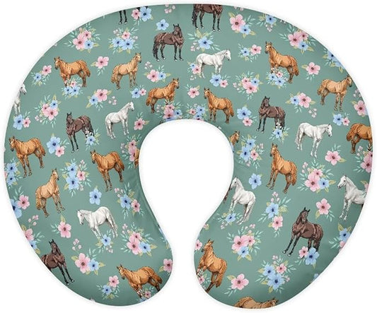 Floral Horse Feeding Pillow Cover Breastfeeding Pillow Slipcover for Newborn Girls Boys Soft Nursing Pillow Case Skin-Friendly U-Shaped Hidden Zipper Design
