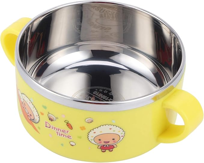 Zerodis 304 Stainless Steel Toddler Bowl with Double Layer Heat Insulation, Cartoon Design, Lid and Handles - Feeding Tableware (Yellow)
